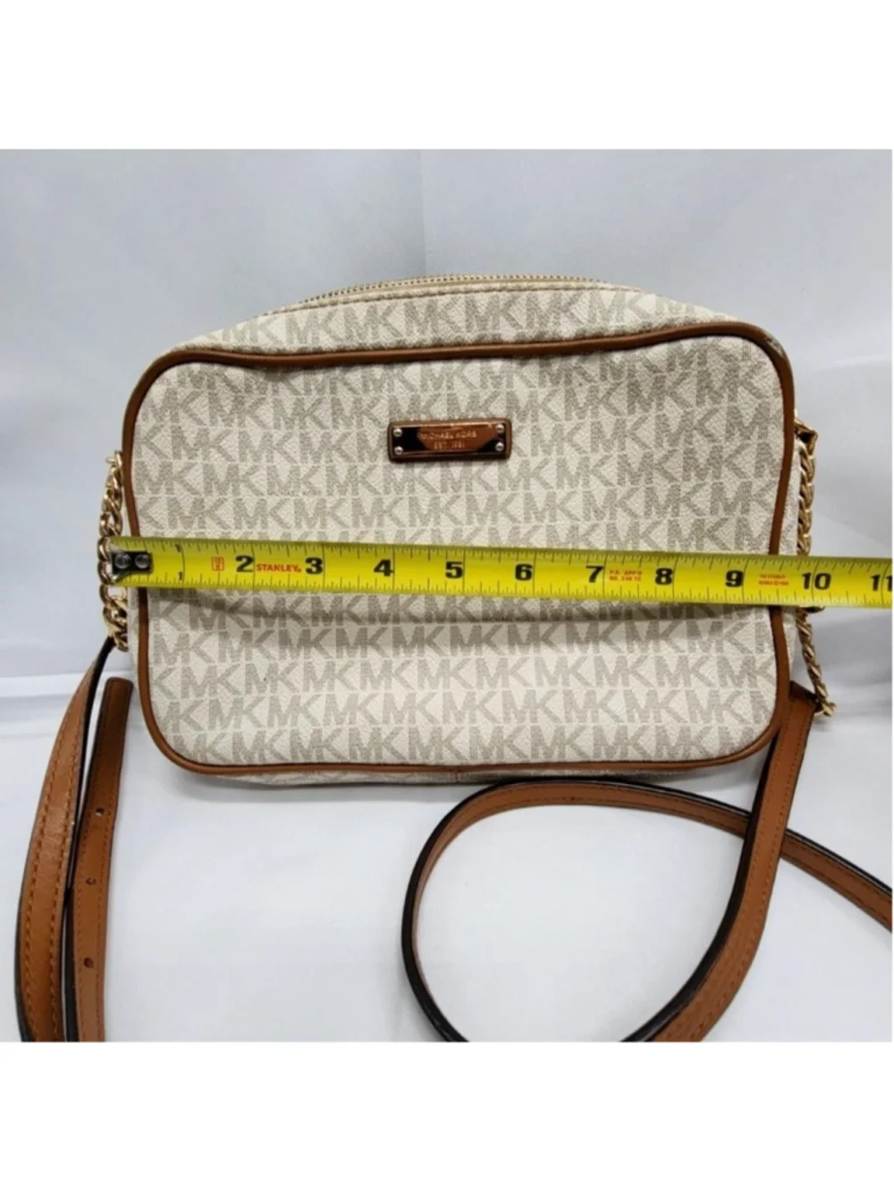 Michael Kors Crossbody Bag Womens Small Beige Logo Canvas Leather Purse Zip